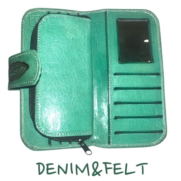 Western Womens Teal Green Embossed Tooled Real Genuine Leather Long Zip Wallet - Picture 5 of 9